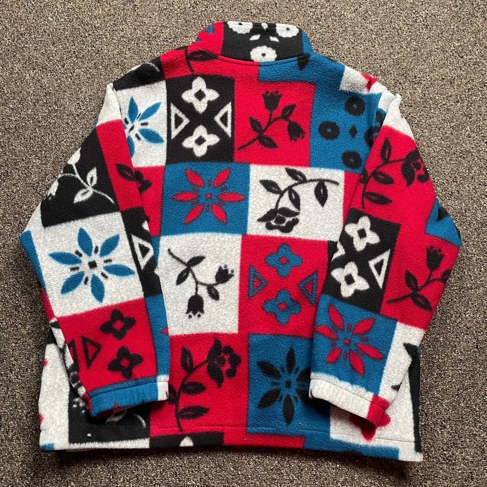 Vintage Style Patchwork Floral Fleece Jacket Red Blue Full Zip Mock Neck L - Picture 6 of 7
